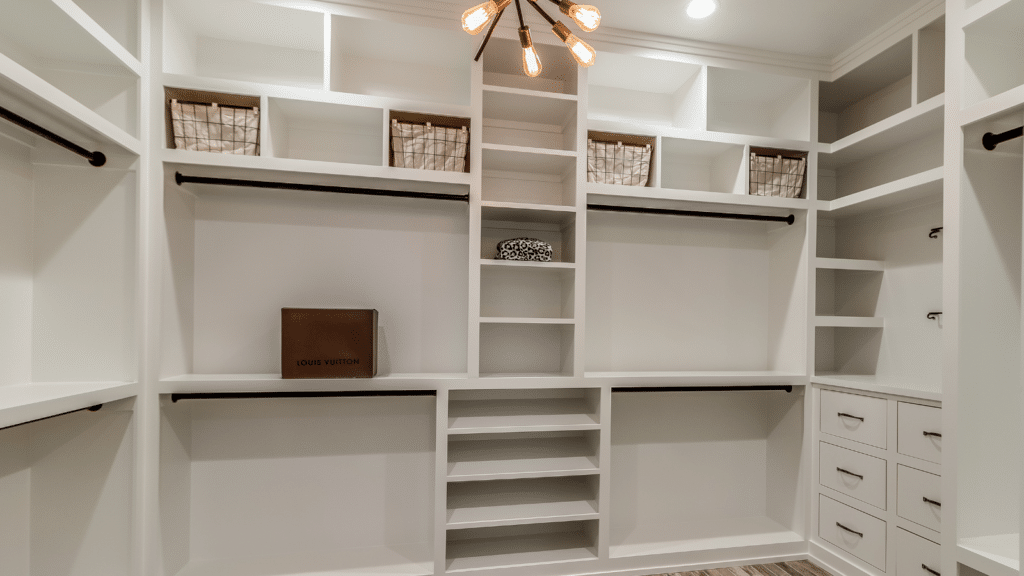 A redesigned walk-in closet with shelving, drawers, and overhead storage. 
